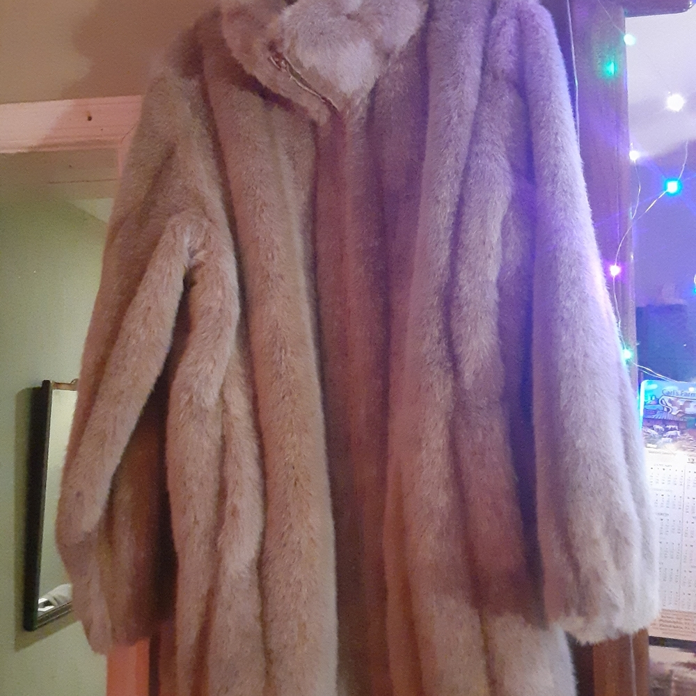 Faux fur waist length coat size medium  beige